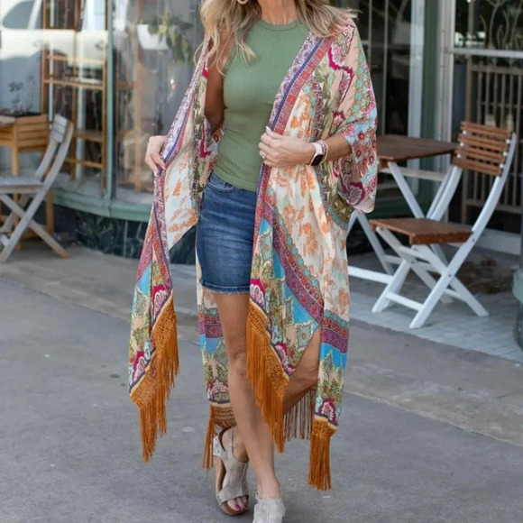 New! Boho Jaquard Print Fringe Kimono Coverup Wrap - Picture 8 of 9